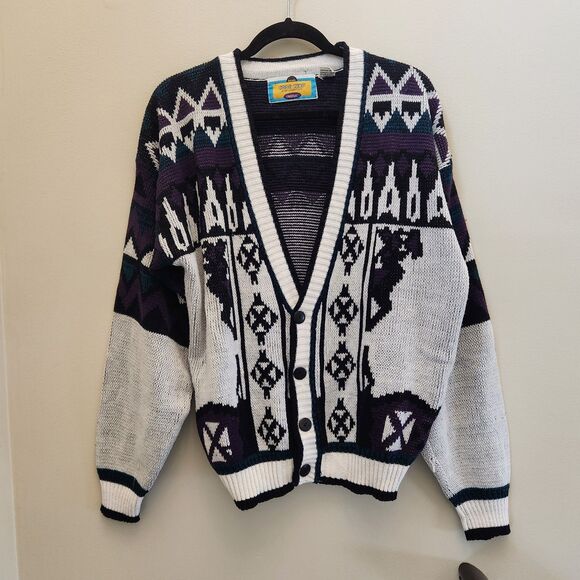 Vtg 90s Code Zero V-Neck Cardigan Sweater Knit Geometric Nordic Grandpacore Sz L - Picture 12 of 12